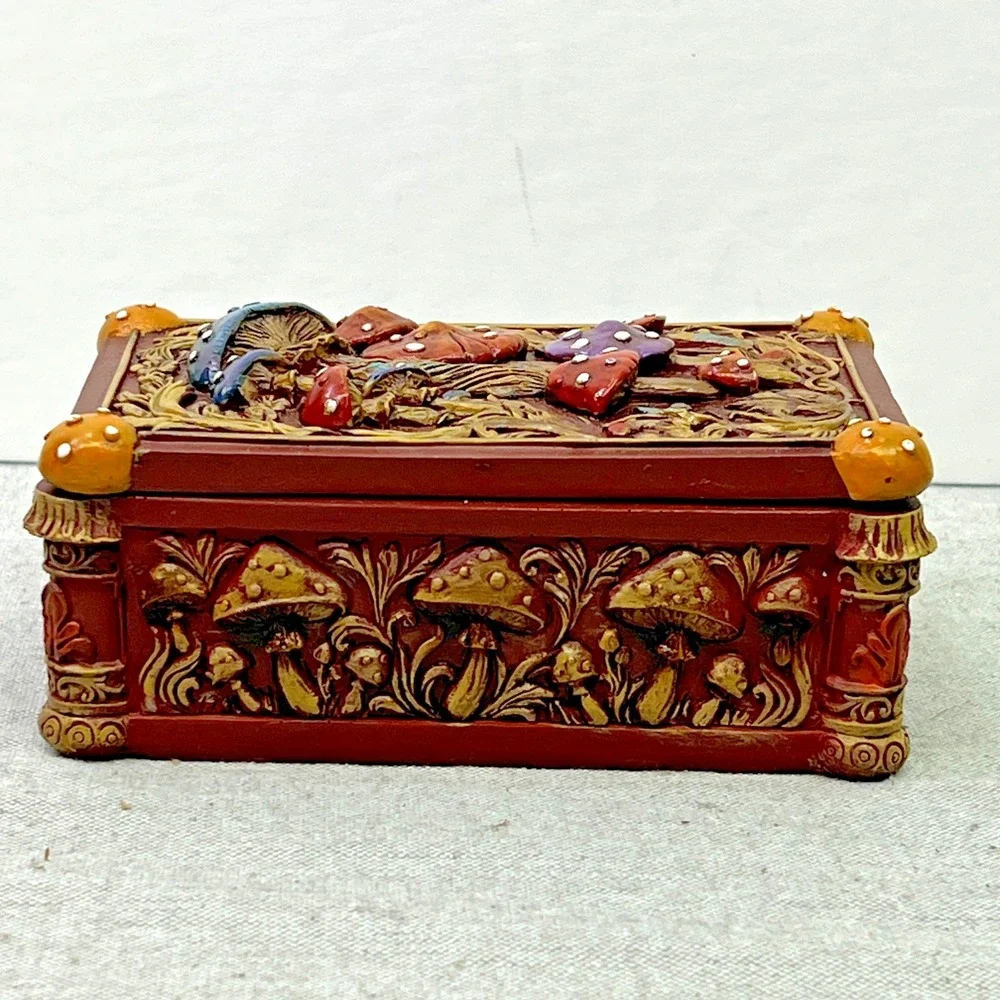 Colorful Whimsical Mushroom Toadstool Resin Trinket Box 5.5